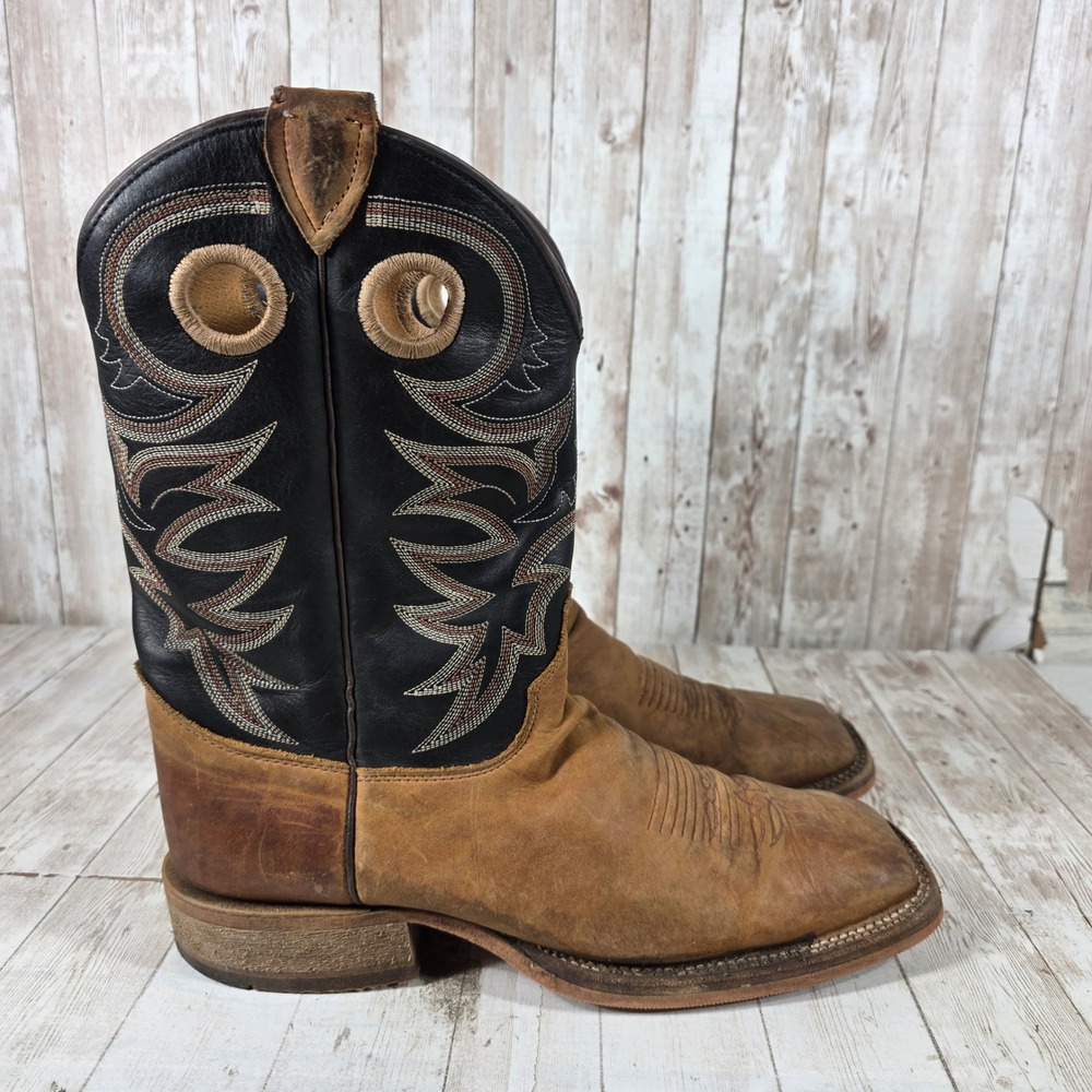 Justin Mens BR740 Tan Black Leather Square Toe Western Cowboy Boots 10 D USA
